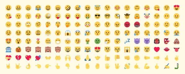 Vector Emoticon Big Set. Emoji pack. All face and hand emojis vector icons illustrations collection