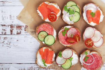 Top view on different sandwiches, flat lay	