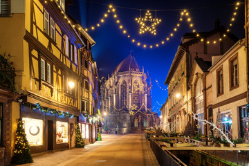 Colmar Old town, Alsace, France, illuminated on Christmas holidays - obrazy, fototapety, plakaty