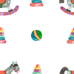 Watercolor hand painted baby toys seamless pattern with grey and pink rocking horse, blue and green ball and mutlicolor pyramid isolated on the white background, trendy children print for design