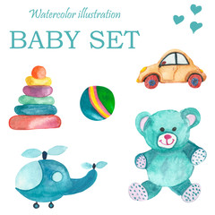 Watercolor hand painted children toys illustrations set with blue teddy bear, helicopter, yellow car, multicolor pyramid and green ball isolated on the white background, baby collection for design