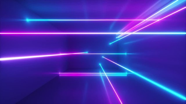 Abstract background, moving neon rays, luminous lines inside the room, fluorescent ultraviolet light, blue red pink violet spectrum, loop, seamless loop 3d render