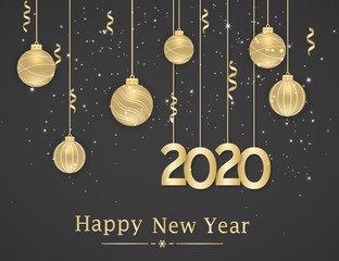 Happy New Year 2020. New Year background with golden hanging balls and ribbons. Text, design element. Vector illustration. - 308794670