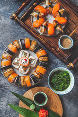 Sushi and rolls sets. Japonese food. top view