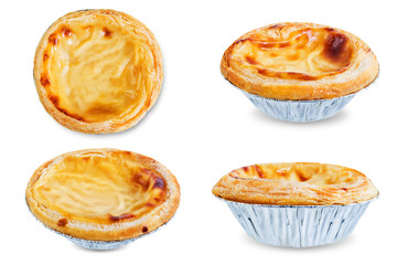 Portuguese custard pies, Pastel de Nata or Pastel de Belem on a white isolated background
