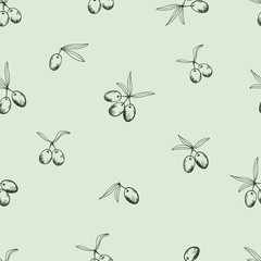 Dark green olives with leaf on light background. Seamless food pattern.