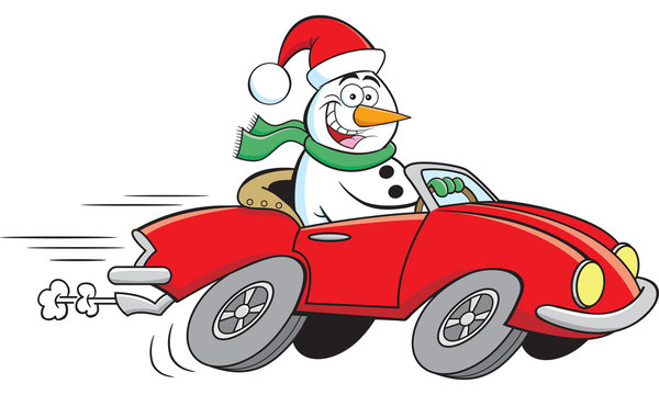 Cartoon illustration of a happy snowman driving a sports car.