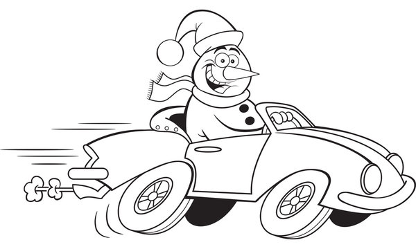 Black and white illustration of a happy snowman driving a sports car.