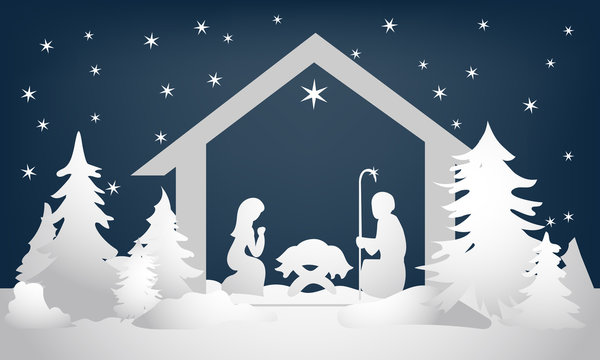 Christmas nativity scene with holy family winter night. Vector ornament