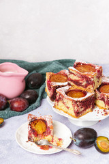 Fototapeta na wymiar Tasty plum cake with pieces of fruit and powdered sugar on a light background