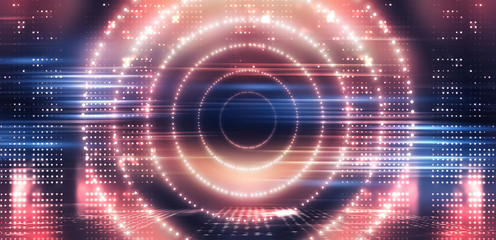 Futuristic abstract neon background, geometric shapes. Abstract light, rays and lines. Empty night scene.