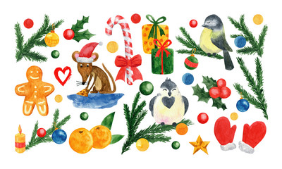 Naklejka premium Big set of New Year and Xmas watercolor illustrations with mouse, gingerbread, tangerines, sweets, gifts, Christmas tree. Winter elements for greeting cards and design. Isolated on white background