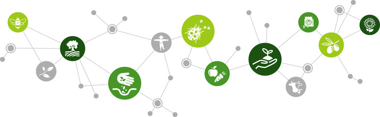 Bio farming / organic agriculture icon concept – eco friendly pest control, animal welfare, healthy produce – vector illustration