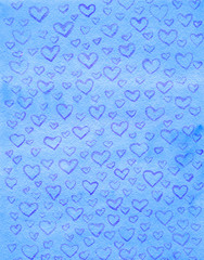 Abstract watercolor background Sky   in Hearts, blue and violet colors, with texture of paper, hand draw, splashes, drops of paint. Design for backgrounds, wallpapers, prints, covers and packaging