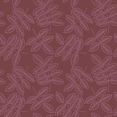 Dog rose leaves hand drawn seamless pattern. Pink elements on purple background. Good for fabric, textile, wrapping paper, wallpaper, baby room, kitchen, packaging, paper, print, etc. 