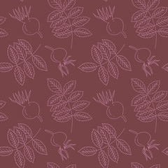 Fototapeta na wymiar Dog rose leaves and fruit hand drawn seamless pattern. Pink elements on purple background. Good for fabric, textile, wrapping paper, wallpaper, baby room, kitchen, packaging, paper, print, etc. 