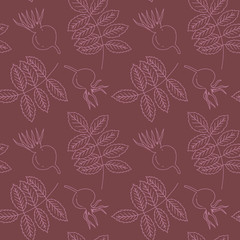 Dog rose leaves and fruit hand drawn seamless pattern. Pink elements on purple background. Good for fabric, textile, wrapping paper, wallpaper, baby room, kitchen, packaging, paper, print, etc. 