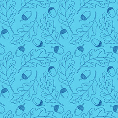 Oak leaves and fruits hand drawn seamless pattern. Blue elements on light blue background. Good for fabric, textile, wrapping paper, wallpaper, baby room, kitchen, packaging, paper, print, etc. 