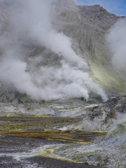 Portrait photo of volcanic activity on White Island in New Zealand