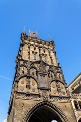 Fototapeta na wymiar Powder Gate Tower architectural detail, the Royal Route start, Old Town, UNESCO World Heritage Site, Prague, Czech Republic, sunny day