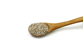 Chia seeds isolated on white background. heap of natural black chia seeds vegan gluten-free organic, healthy diet vegetarian superfood with antioxidant, omega-3, protein, mineral nutrients.