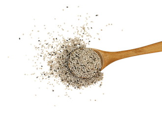 Chia seeds isolated on white background. heap of natural black chia seeds vegan gluten-free organic, healthy diet vegetarian superfood with antioxidant, omega-3, protein, mineral nutrients.