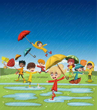 Rainy day with cartoon children playing green park