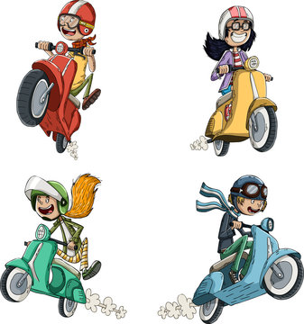 Cartoon characters with helmets riding scooters. People riding fast motorbikes.
