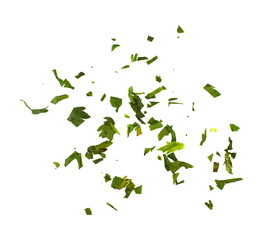 Fresh green chopped parsley leaves isolated on white background and texture, top view. Chopped parsley on a white background isolated. Chopped Parsley Leaves. Fresh Herbs 