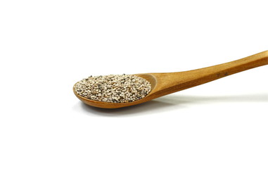 Chia seeds isolated on white background. heap of natural black chia seeds vegan gluten-free organic, healthy diet vegetarian superfood with antioxidant, omega-3, protein, mineral nutrients.