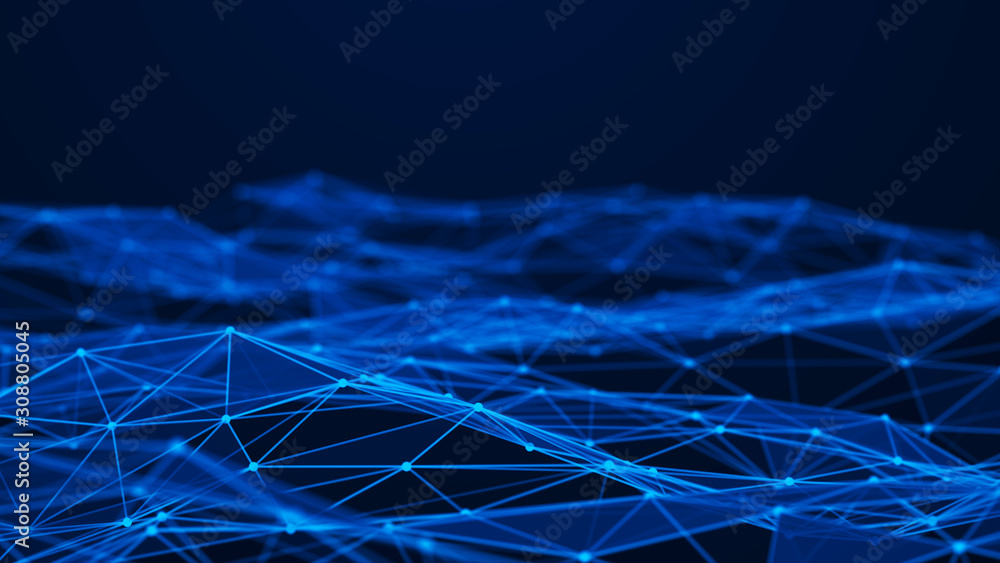 Poster Abstract polygonal space. Connection dots and lines structure. Digital background. Triangular business wallpaper. 3d