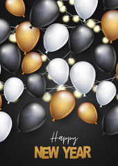 Happy New Year banner, flyer, or poster. Winter holiday design concept with golden, white and black balloons, garland light. Vector illustration.