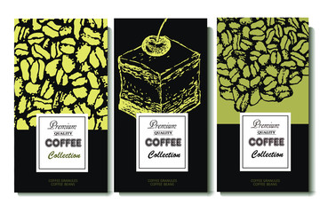Coffee illustration. Hand drawn vector banner. Coffee beans, cake