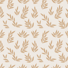 Foliage seamless pattern. Leaves on striped background. Brown background with leafs