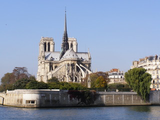 Fototapeta na wymiar View of Notre Dame Cathedral from a pleasure boat on the Seine.