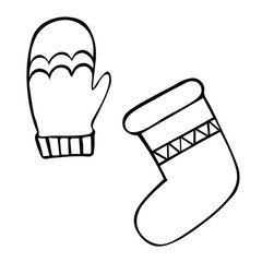 Knitted mitten and Christmas stocking. Sketch. Doodle style. Coloring book. Set of vector illustrations. Outline on an isolated background. A boot for hiding a gift. Soft hand glove. Festive print. 