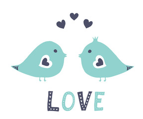 Cute birds in love in classic blue and light blue colors. With "love" sign. Stylish card for Valentine day. Vector illustration. Isolated on white background