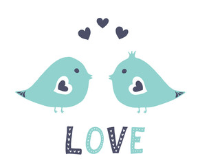 Cute birds in love in classic blue and light blue colors. With 