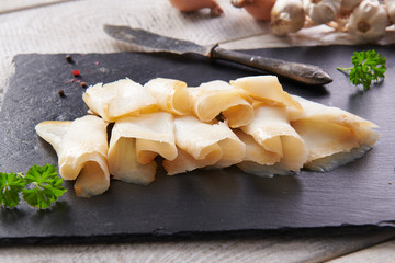 Delicious smoked halibut slices close up