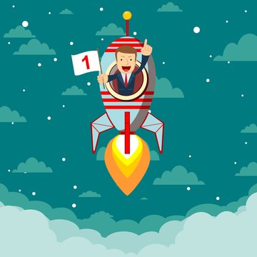 Happy businessman on a rocket ship launching to starry sky. Start up business concept. Stock flat vector illustration.