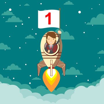 Happy businessman on a rocket ship launching to starry sky. Start up business concept. Stock flat vector illustration.