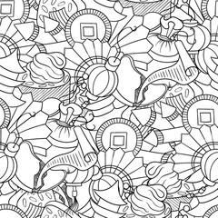 Doodle seamless pattern with Chinese New Year decorations.  Festival bangers, lanterns, fans, fortune cookie future.  Holiday art for coloring, easy to change colors.