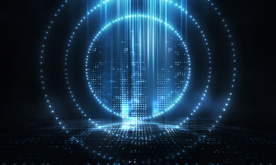 Futuristic abstract blue neon background, luminous geometric figure in the center. Abstract light, rays and lines. Empty night scene.