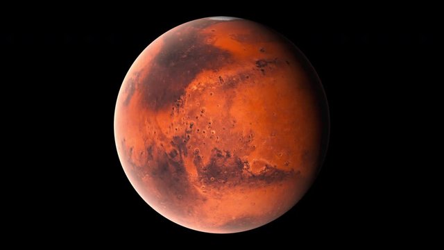Flying over the red surface of the planet Mars, computer generated. 3d rendering of realistic cosmic background. Elements of this image are presented by NASA