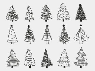 Doodle Christmas Trees. to create holiday cards, backgrounds, ornaments, decoration. Hand drawn Christmas tree happy new year