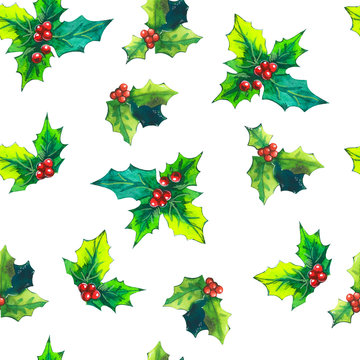 Christmas watercolor illustration in picturesque style. Seamless pattern with a branch and berries of holly on black background. New year decoration.
