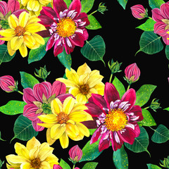 Blooming dahlias watercolor seamless pattern. Yellow, purple georgina on black background. Flowers blossom, buds and leaves with aquarelle texture. Floral wrapping paper, wallpaper design