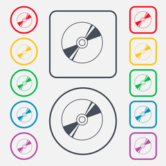Cd, DVD, compact disk, blue ray icon sign. symbol on the Round and square buttons with frame. 