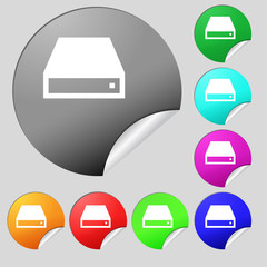 CD-ROM icon sign. Set of eight multi-colored round buttons, stickers. 