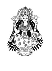 Goddess Lakshmi giving beauty and prosperity is painted as a beautiful young girl with lotus flowers and lots of coins.